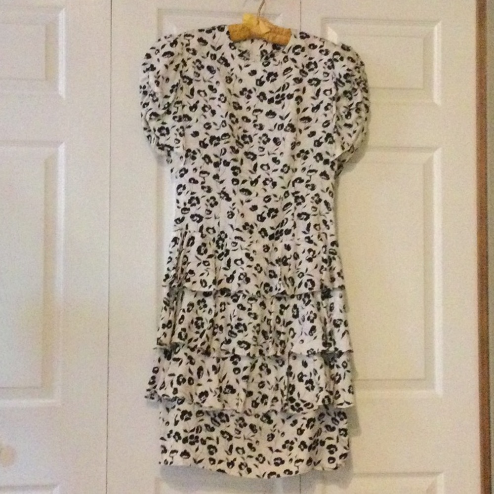 Vintage silk black and white ruffled-skirt dress